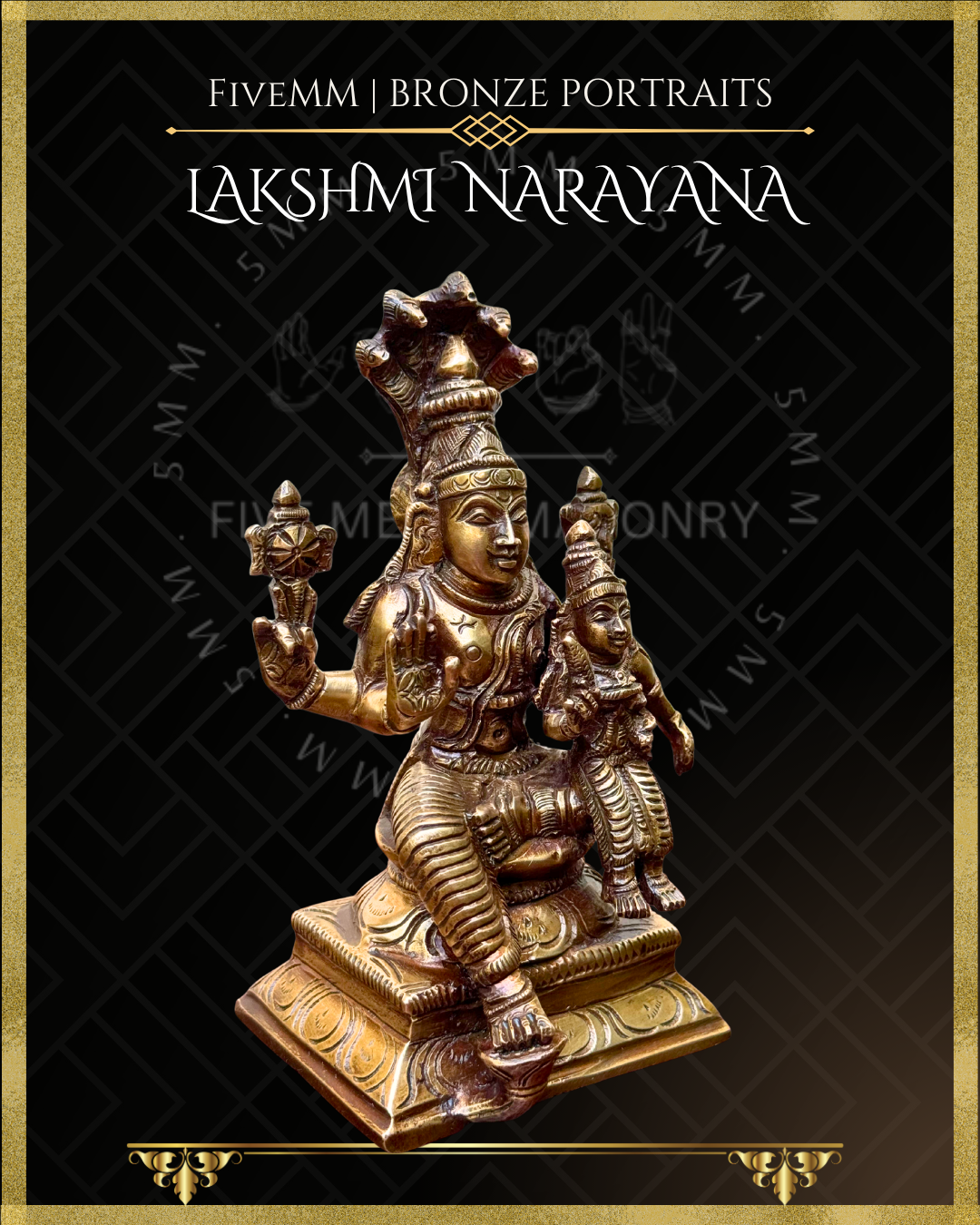 Right profile view of Handcrafted Lakshmi Narayana Panchaloha bronze with Narayana seated in lalitasana beneath five-hooded Adi Sesha, holding cakra and sankha, with Lakshmi seated on his lap holding a padma, crafted in the South Indian silpa-sastra and traditional iconographic tradition.