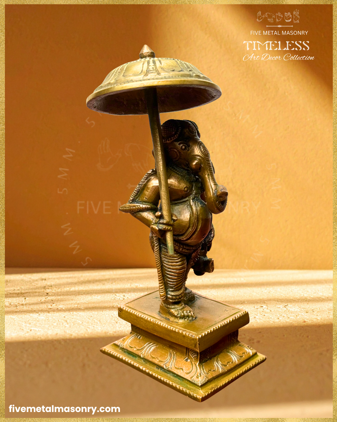 Right profile view of Handcrafted Panchaloha bronze Umbrella Ganesha (Mapillai Ganesha) in a walking posture, holding a ceremonial umbrella and water pot, from the Timeless collection, rooted in silpa-sastra tradition.