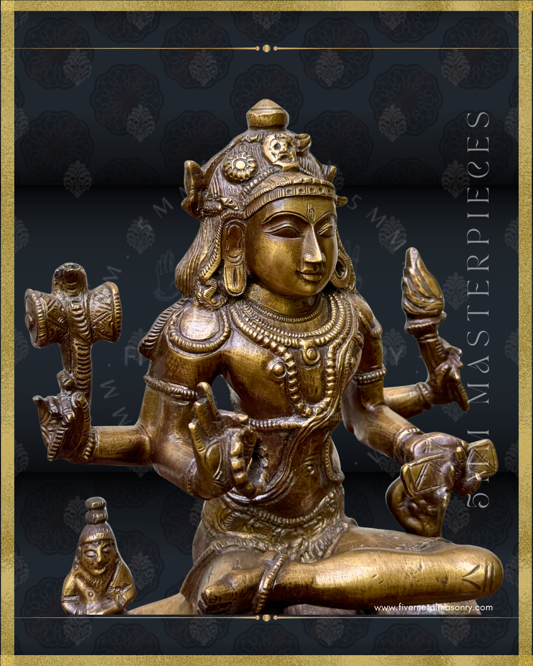 Side closeup view of Handcrafted Panchaloha bronze Dakshinamurti statue, crafted according to Shilpasastra principles, highlighting the intricate iconography of Shiva with four arms holding the damaru, agni, akshamala and pustaka, adorned with finely detailed jata-bhara and traditional ornaments.