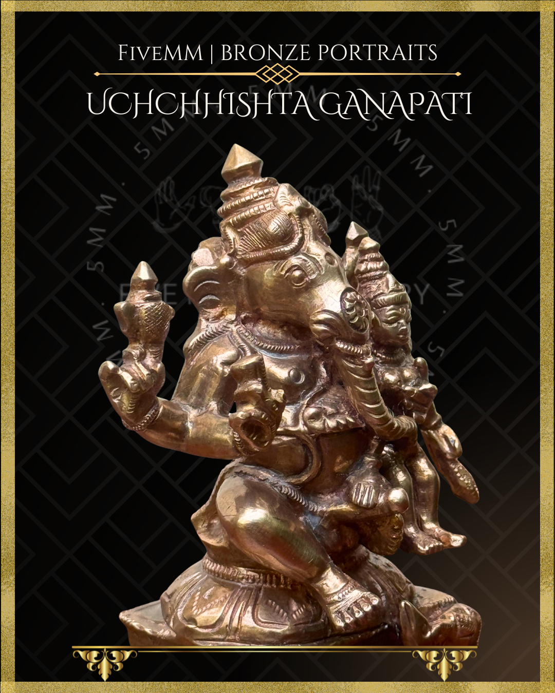 Close up  right side view of Handcrafted Panchaloha bronze Uchchhishta Ganapati, silpa-sastra aligned and rooted in the South Indian iconographic tradition, depicted seated with Devi on his lap, multiple arms bearing attributes, detailed ornaments