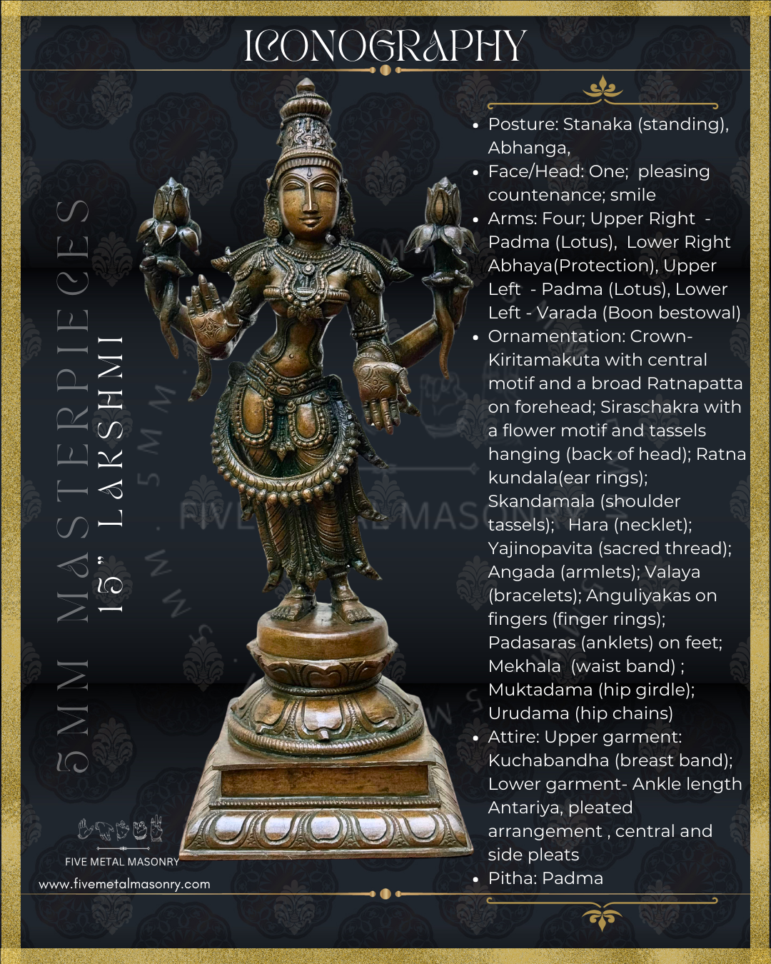 Lakshmi Standing Panchaloha Bronze statue, Masterpieces Collection – Shilpa Sastra iconography, handcrafted lost wax casting – Iconography description