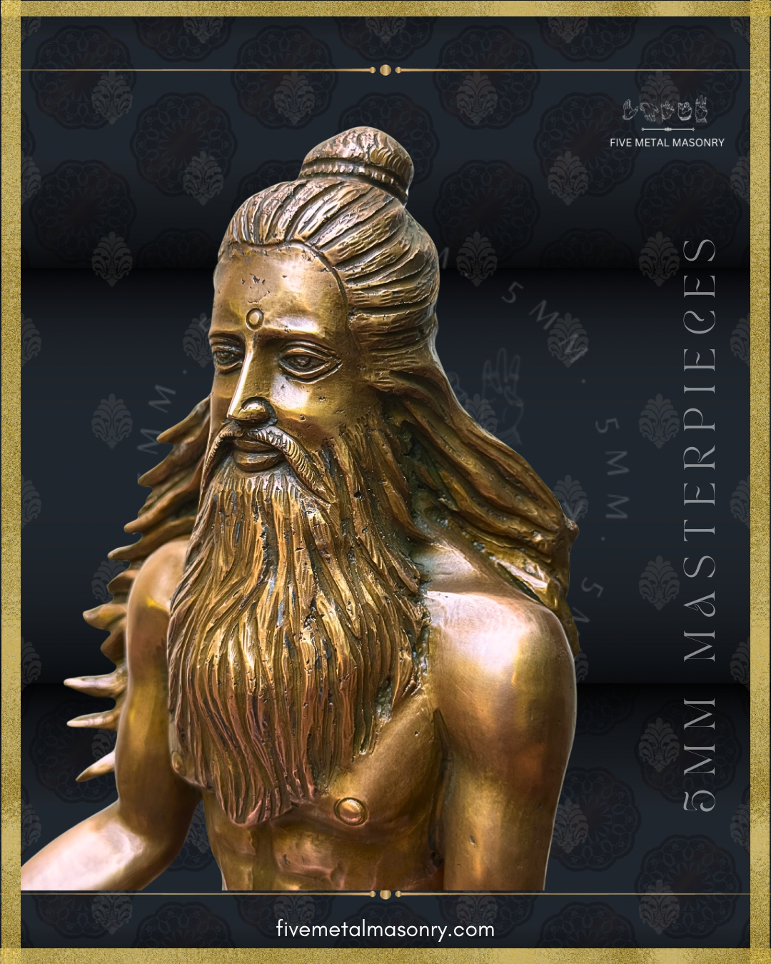 Three-quarter close-up of handcrafted Thirumoolar Saiva saint in Panchaloha bronze, showing the jata, long beard and ascetic facial features, from the Masterpieces collection.