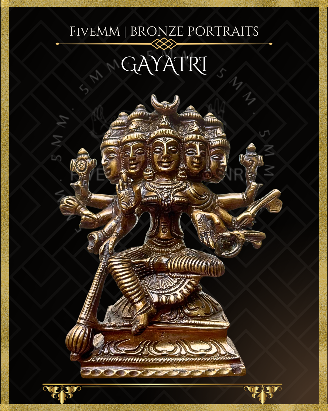 Low angle front view of Handcrafted Panchaloha bronze of five-headed, ten-armed Gayatri Devi seated in lalitasana on a padma pitha, holding multiple ayudhas and attributes, following silpa-sastra and traditional iconographic tradition.