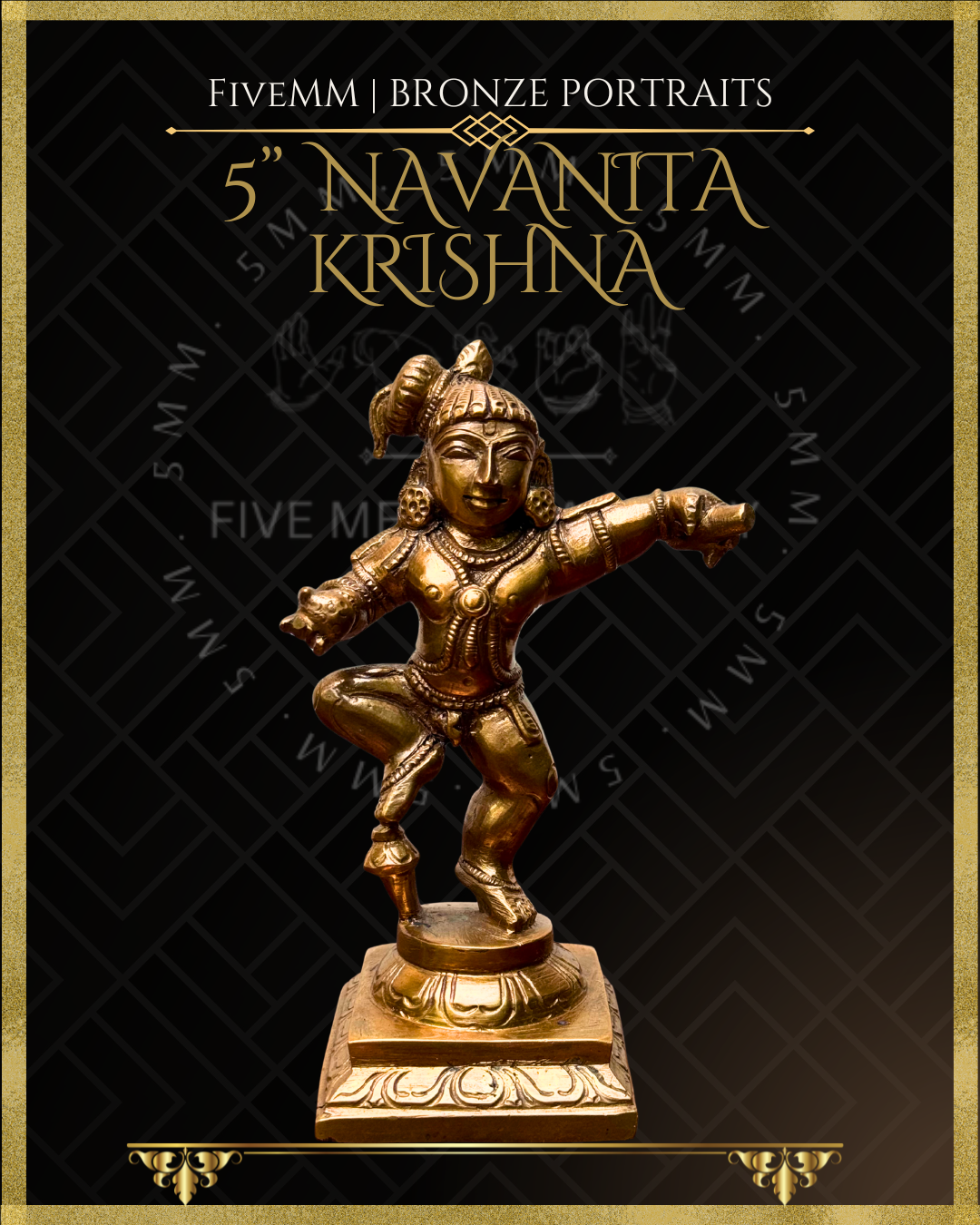 Handcrafted Panchaloha Navanita Krishna bronze icon, depicting Bala Krishna dancing with butter in his hands, finely detailed according to traditional Silpasastra principles by Five Metal Masonry.