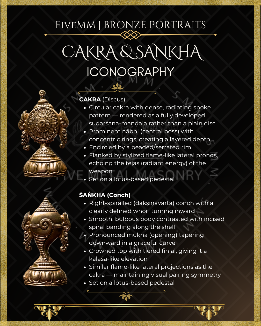 Cakra & Sankha iconography with illustrations and descriptions on a black background.