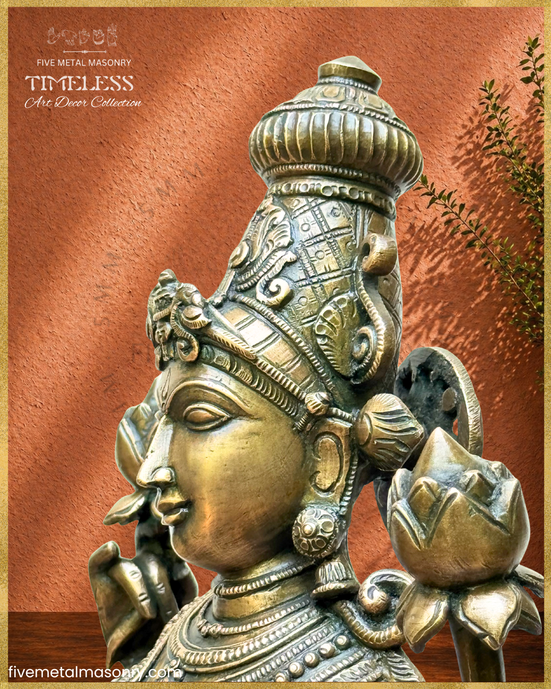 Face and chest closeup of Lakshmi panchaloha bronze showing details of face, crown and ornamentation