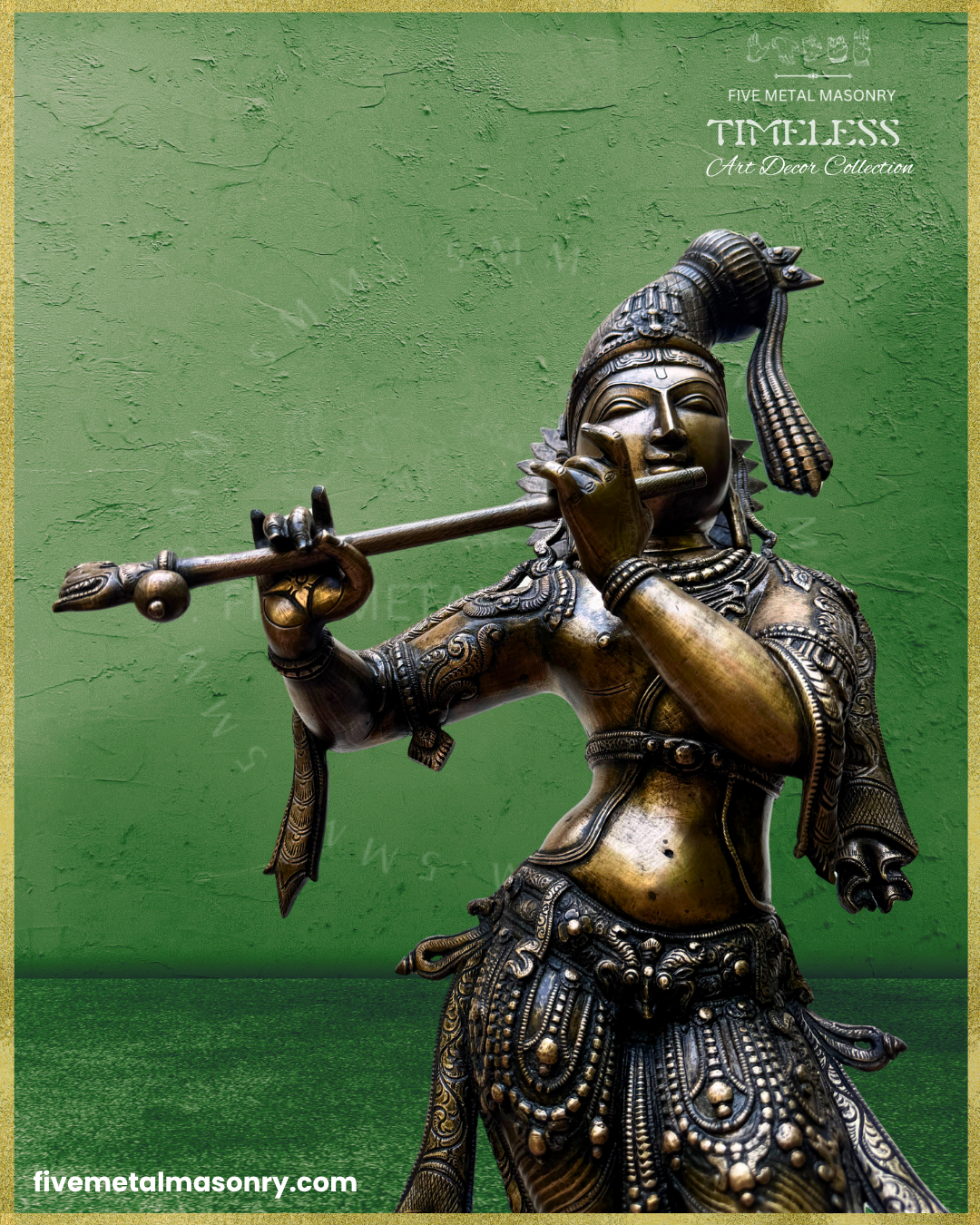 Close-up of handcrafted Panchaloha bronze Venugopala Krishna from Five Metal Masonry’s Timeless Collection, highlighting Krishna playing the venu, elaborate kesa-bandha with peacock feathers and tassels, siras-chakra, layered necklaces, armlets, bracelets, katibandha and urudama hip chains, with Silpasastra-inspired iconography.