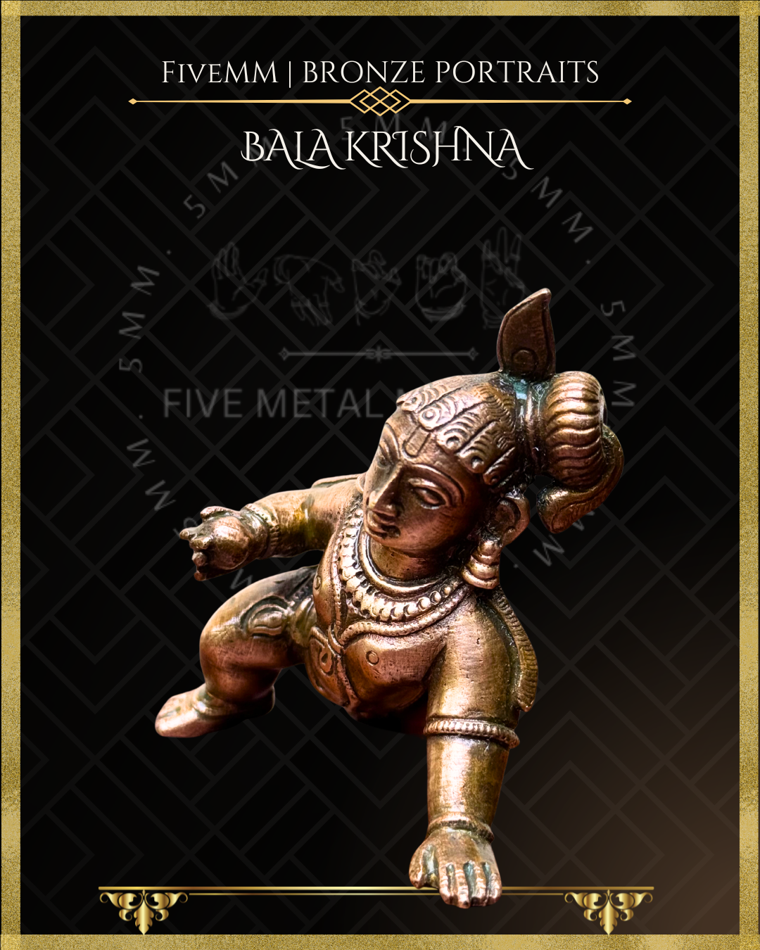 Side view of Bala Krishna handcrafted Panchaloha bronze statue in crawling pose, detailed South Indian iconography, traditional ornaments, topknot hairstyle