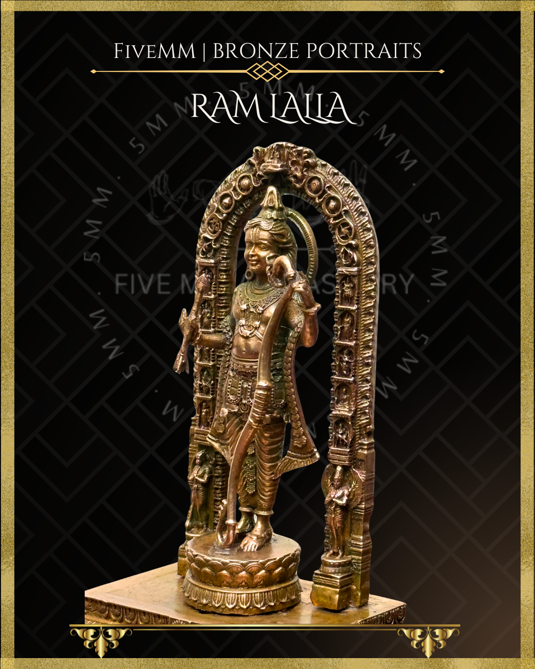 Left profile view of handcrafted Panchaloha bronze icon of Ram lalla of Ayodhya standing beneath an ornate prabhavali, holding a bow and arrow, adorned with a knotted jata, intricate jewellery, lotus pedestal, and richly detailed adhisthana in the classical Indian iconographic style.