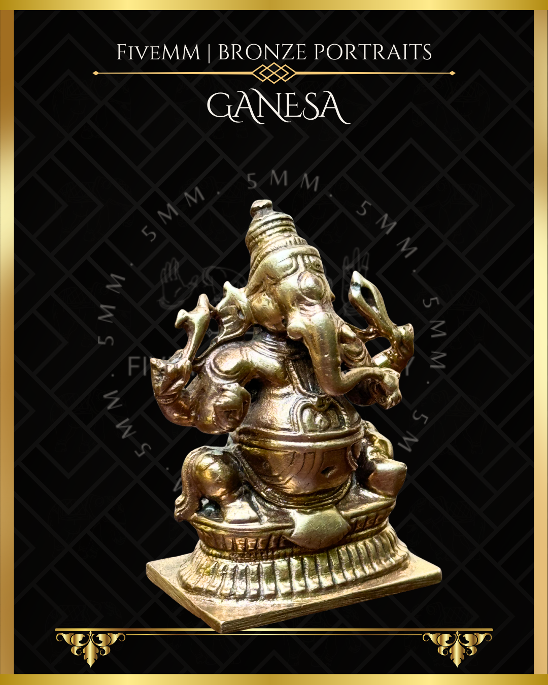 Right profile view of panchaloha bronze seated Ganesha icon, four armed and holding goad, noose, broken tusk and modaka, featuring elongated trunk, karanda makuta and stylised pedestal in South Indian iconographic tradition.