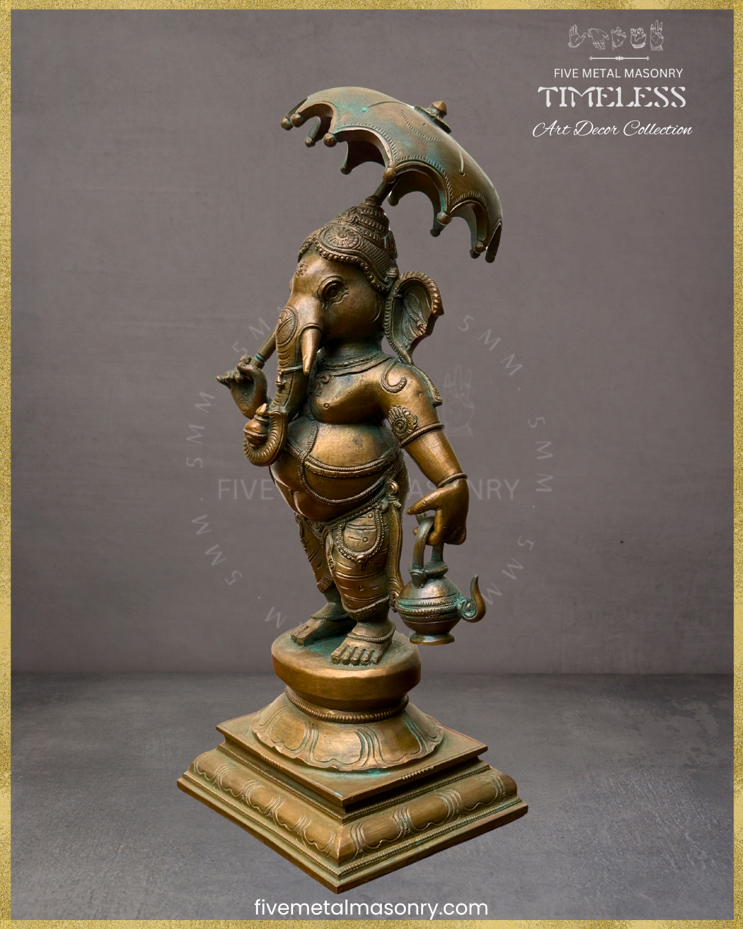 Ganesha with umbrella-Panchaloha Bronze statue – Timeless Collection - Iconography per Shilpa Sastra, Handcrafted lost wax casting – Left facing view