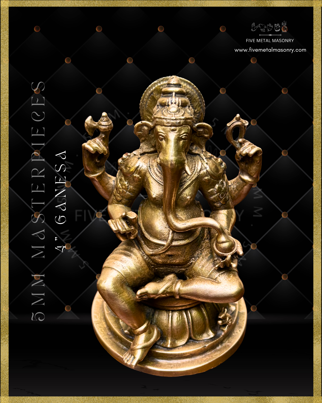 Top angle view of panchaloha bronze seated Ganesha icon from the Masterpieces collection holding goad, noose, broken tusk and modaka, with elongated curved trunk, karanda makuta, lotus pedestal and mouse vahana in South Indian bronze style.
