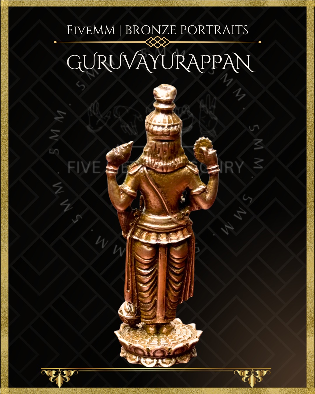 Bronze statue of Guruvayurappan with 'FiveMM' branding on a black background