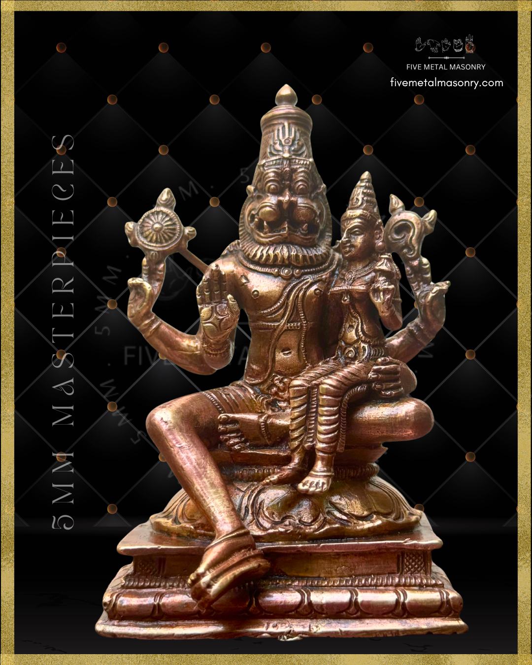 Low angle front view of Handcrafted Lakshmi Narasimha Panchaloha bronze from the Masterpieces Collection, crafted in the silpa-sastra and South Indian iconographic tradition, with four-armed Narasimha holding cakra and sankha, and Lakshmi seated on his left thigh holding a padma.