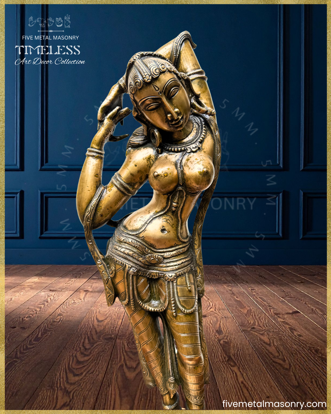 Close up view of panchaloha bronze Apsara icon from the Timeless collection in a graceful tribhanga stance, with raised arms, detailed jewellery, patterned drapery and refined sculptural detailing rooted in South Indian iconographic tradition.