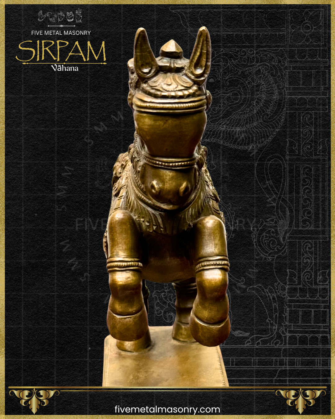 Bronze statue of a horse with intricate details on a black background with gold accents.