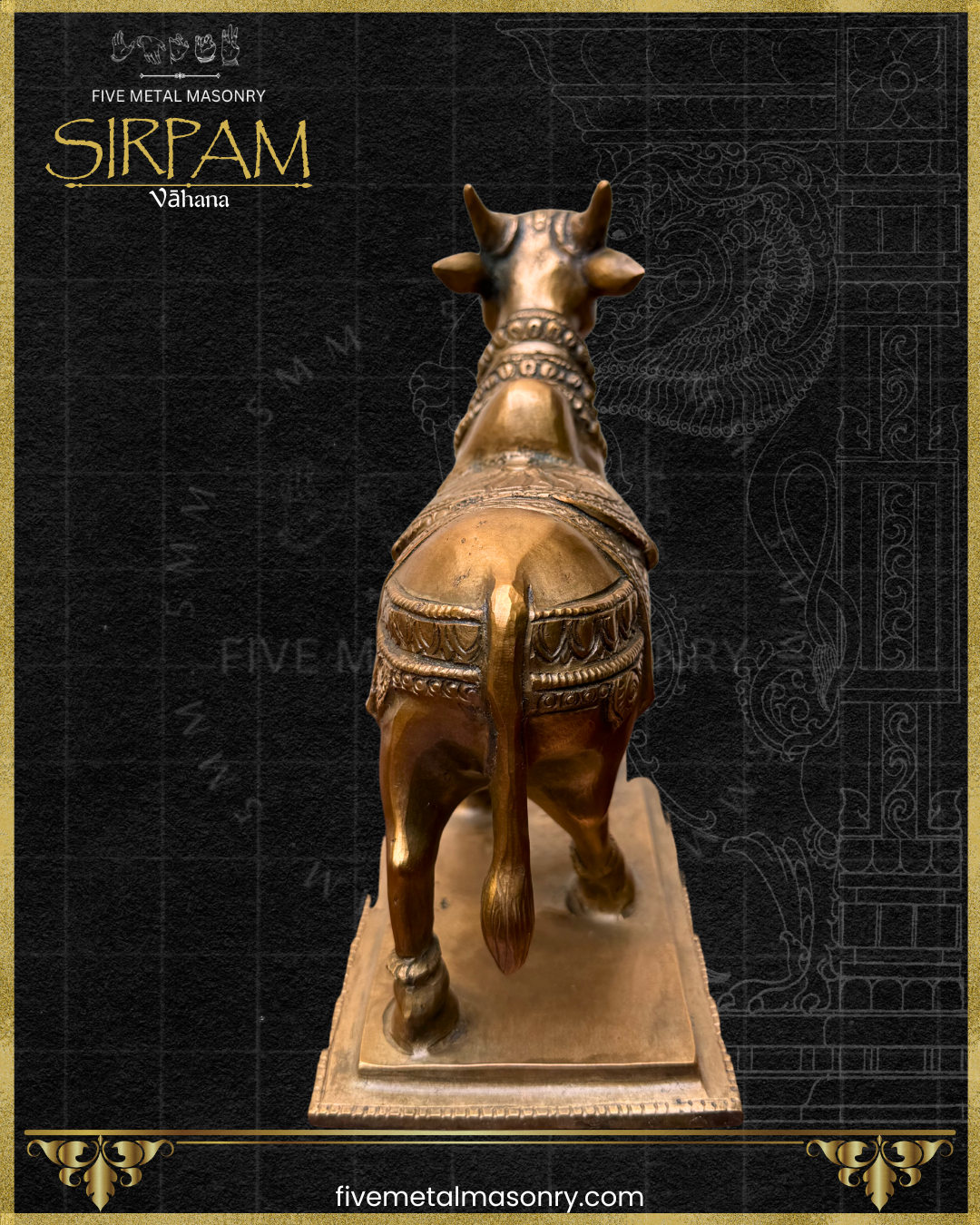Rear view of a handcrafted panchaloha bronze Vrsabha (Nandi) statue from the Sirpam Collection, showing the sculpted tail, powerful hindquarters, ornamental ceremonial drapery, layered neck ornaments, and rectangular pedestal in the South Indian sculptural tradition.