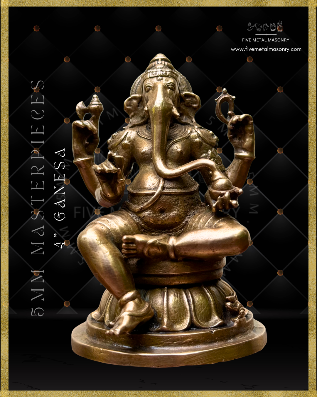 Projection view of panchaloha bronze seated Ganesha icon from the Masterpieces collection holding goad, noose, broken tusk and modaka, with elongated curved trunk, karanda makuta, lotus pedestal and mouse vahana in South Indian bronze style.