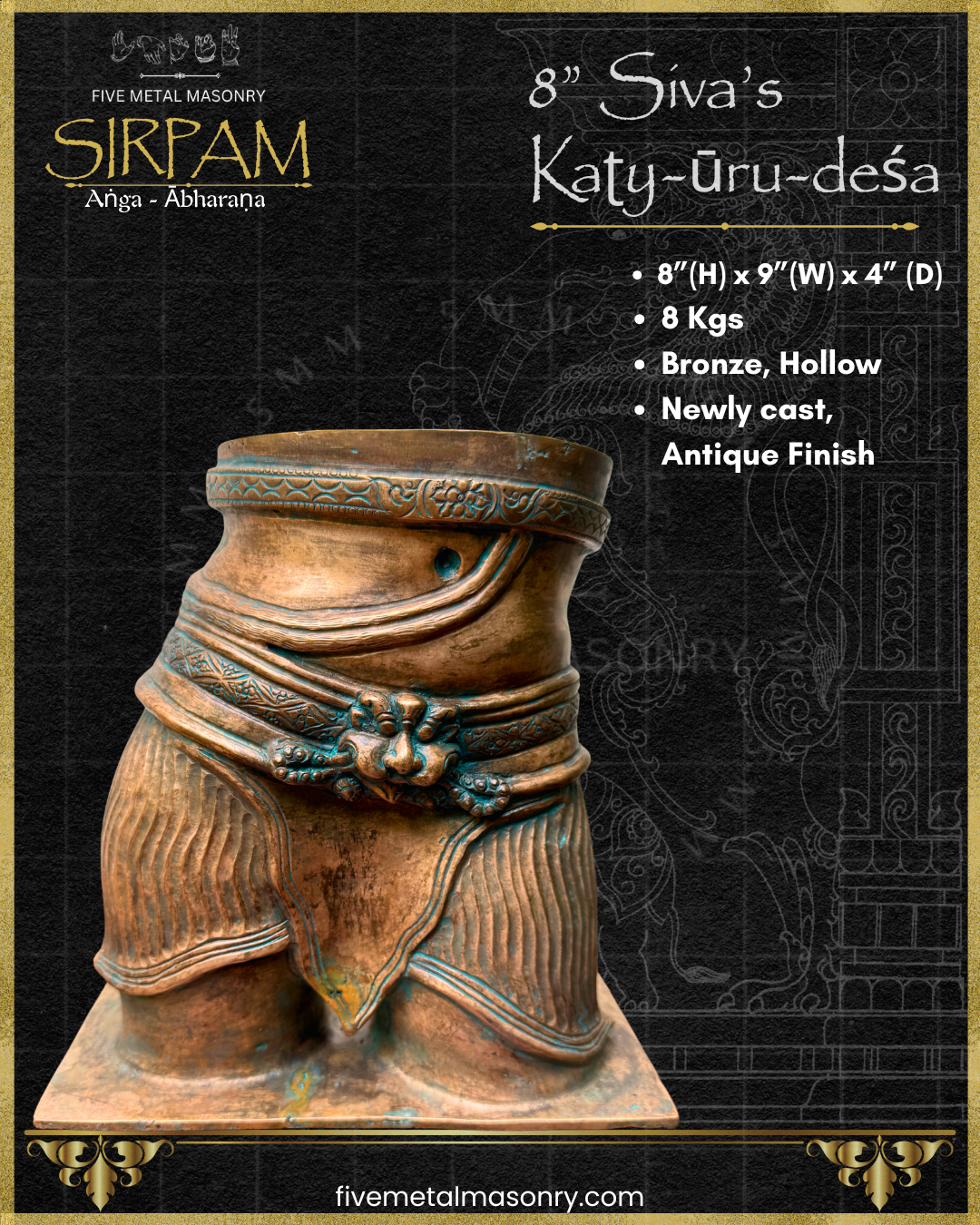Siva’s Torso Bronze sculpture – Sirpam Collection - Iconography per Shilpa Sastra, Handcrafted lost wax casting – Dimensions