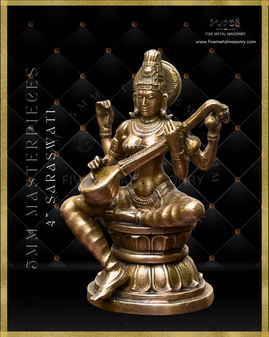Left profile view of panchaloha bronze seated Saraswati icon from the Masterpieces collection, four armed and holding the veena across the torso in the lower hands, with upper hands holding aksamala and kamandalu, featuring jata makuta, siraschakra, layered ornamentation and lotus pedestal in South Indian iconographic style.