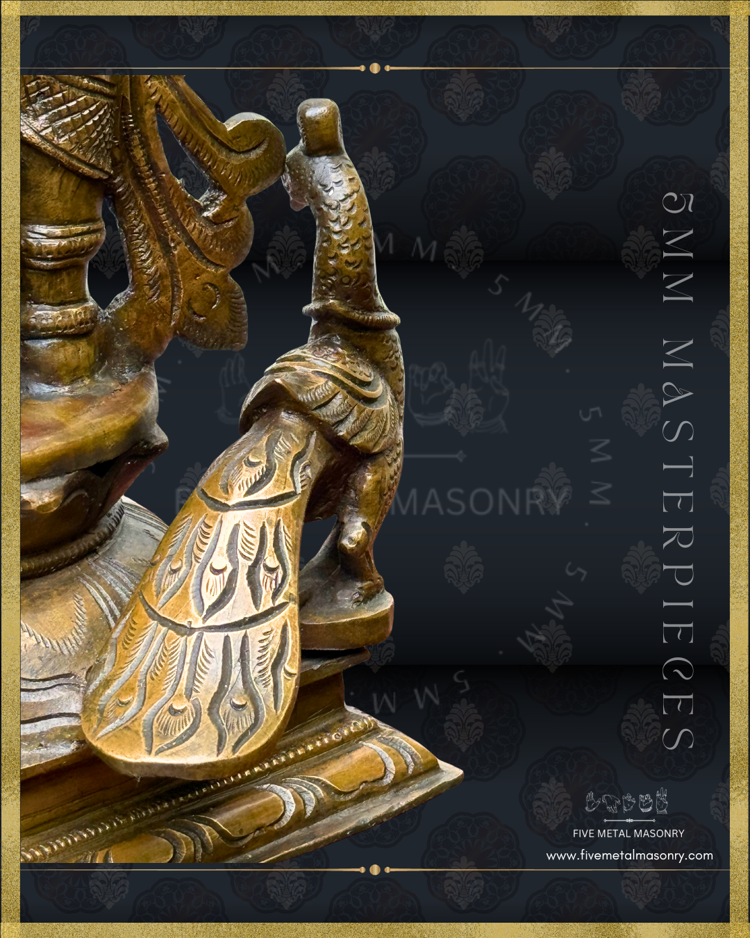 Murugan Panchaloha Bronze statue -  Masterpieces Collection - Iconography per Shilpa Sastra, handcrafted lost wax casting- peacock closeup view