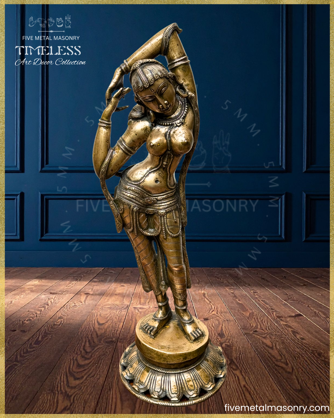 Top angle view of panchaloha bronze Apsara icon from the Timeless collection in a graceful tribhanga stance, with raised arms, detailed jewellery, patterned drapery, lotus pedestal and refined sculptural detailing rooted in South Indian iconographic tradition.