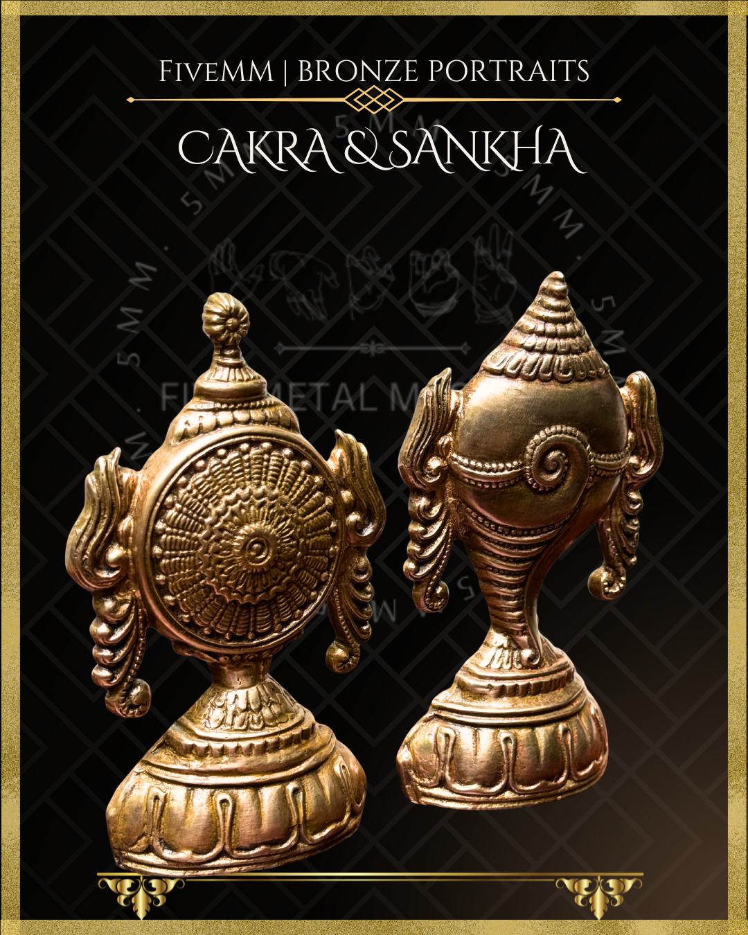 Bronze Panchaloha 3D relief sculptures of Cakra and Sankha with FiveMM branding.