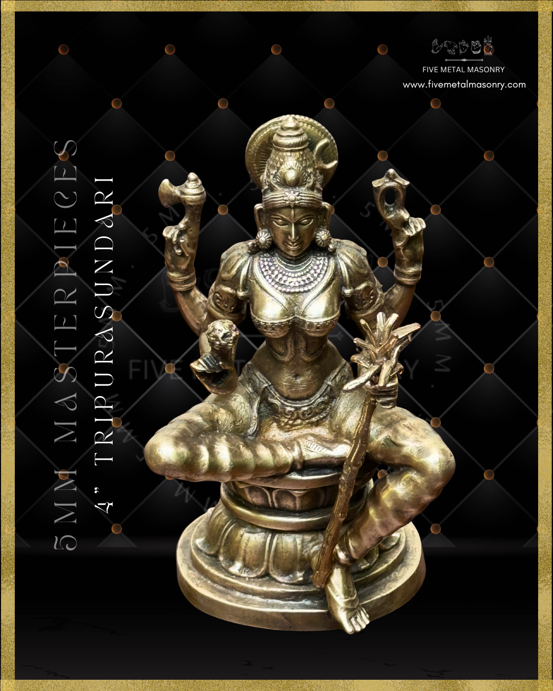 Top angle view of panchaloha bronze seated Lalitha Tripurasundari icon from the Masterpieces collection, four armed, holding sugarcane bow, flower arrows, noose and goad, featuring kirita makuta, siraschakra, layered ornamentation and lotus pedestal in South Indian iconographic style
