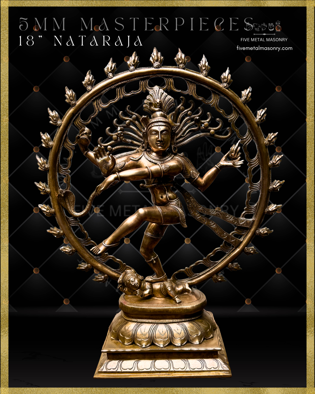 Panchaloha bronze Naṭarāja icon from the 5MM Masterpieces collection, shown in ānanda-tāṇḍava within a flaming prabhāmaṇḍala, four-armed with ḍamaru and agni, apasmāra beneath the feet, lotus pedestal, South Indian iconographic tradition