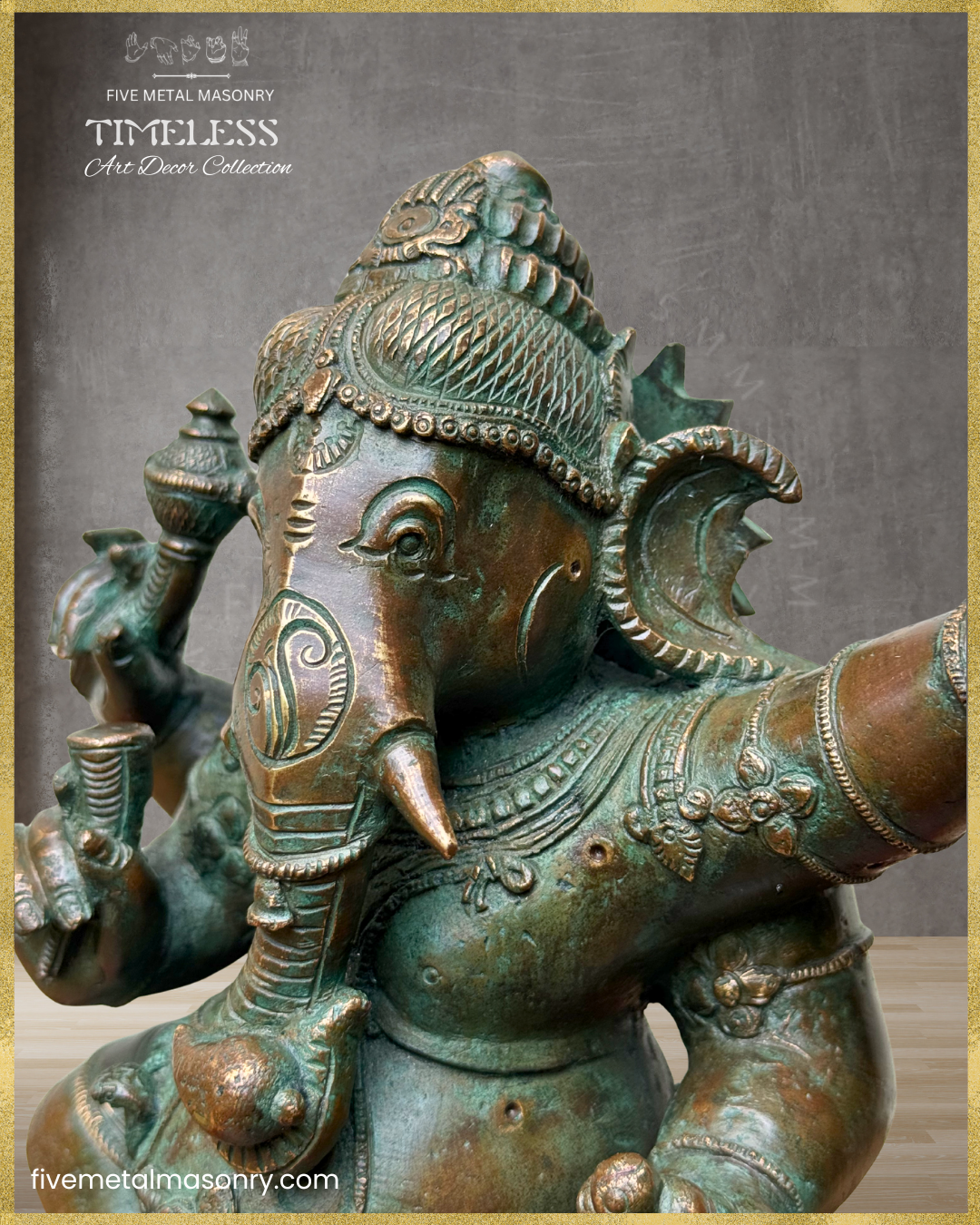 Close-up side view of a handcrafted Panchaloha bronze Nritta Ganesha from the TIMELESS Collection, highlighting the Karanda Makuta, elephant face, broken tusk, traditional jewellery, and antique patina finish.