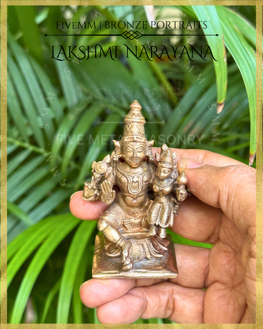 Hand-held view of Handcrafted Lakshmi Narayana Panchaloha bronze statue with silpa-sastra aligned iconographic detailing, chakra and sankha, lower right hand in abhaya, and Lakshmi seated on Narayana’s left thigh.