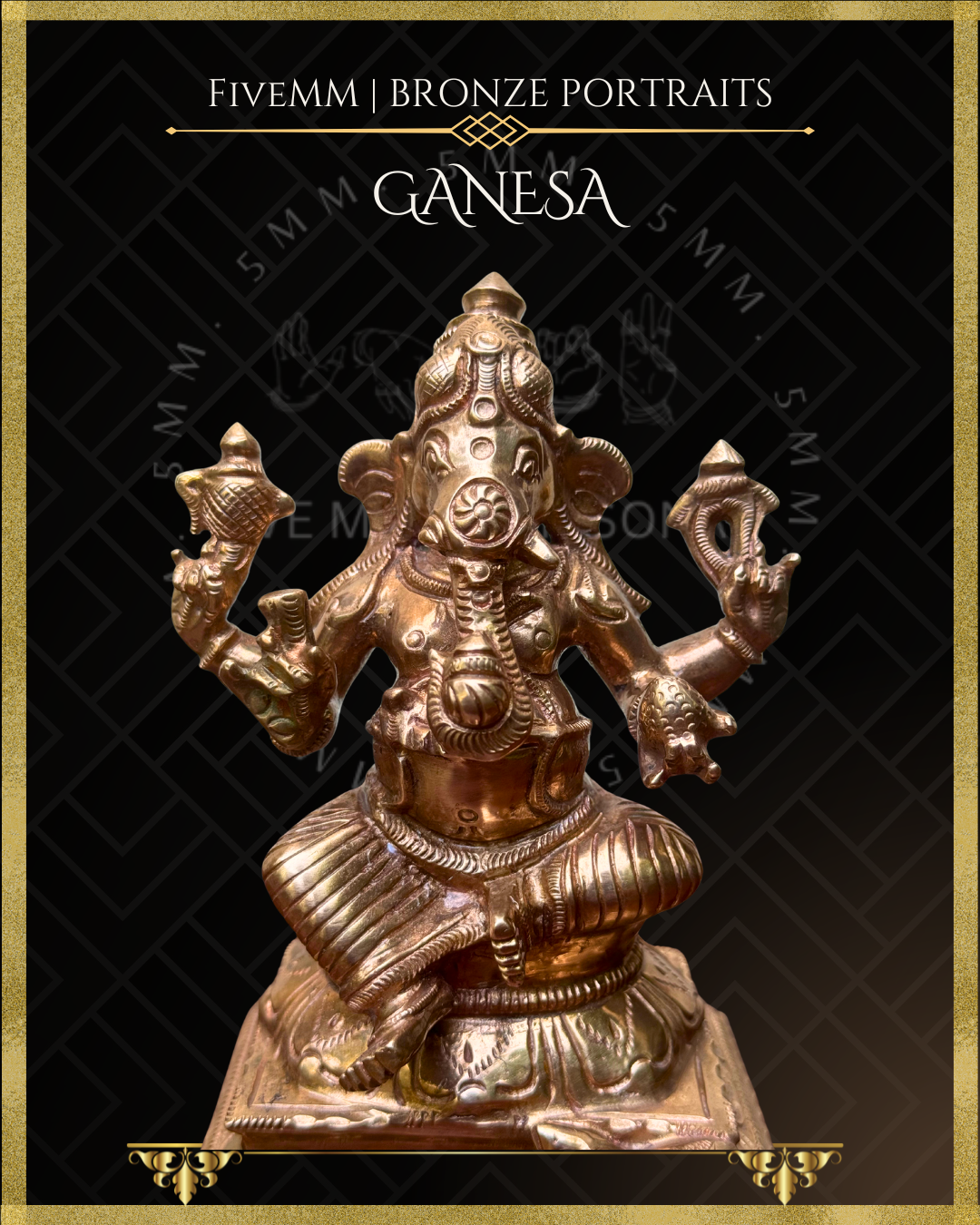 Closeup view of handcrafted Panchaloha bronze Ganesha, silpa-sastra aligned and rooted in the South Indian iconographic tradition, four-armed and seated in lalitasana, holding ankusa, pasa, danta and modaka