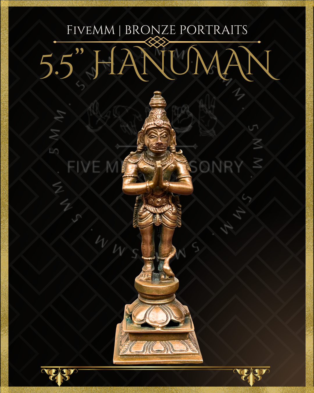 Hanuman -Standing  with Anjali mudra- Panchaloha Bronze statue – per Shilpa Sastra iconography, handcrafted by lost wax casting – Front view