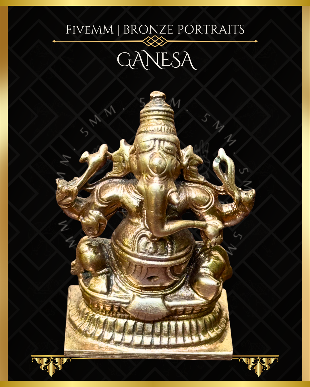Top angle view of panchaloha bronze seated Ganesha icon, four armed and holding goad, noose, broken tusk and modaka, featuring elongated trunk, karanda makuta and stylised pedestal in South Indian iconographic tradition.