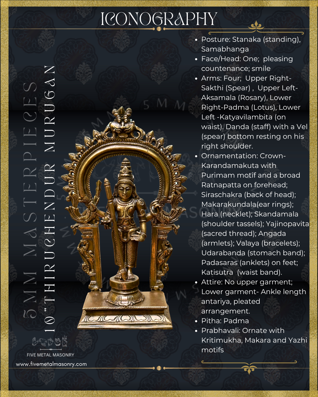 Thiruchendur Murugan Panchaloha Bronze statue Antique Patina – Shilpa Sastra iconography, handcrafted lost wax casting – Iconographic detailing 