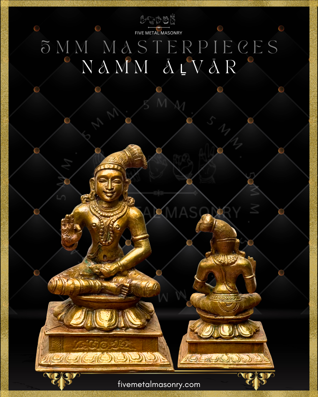Front and rear view of Namm Alvar panchaloha bronze icon from the 12 Alvars Masterpieces collection, showing devotional posture, ornamentation, and pedestal detailing.