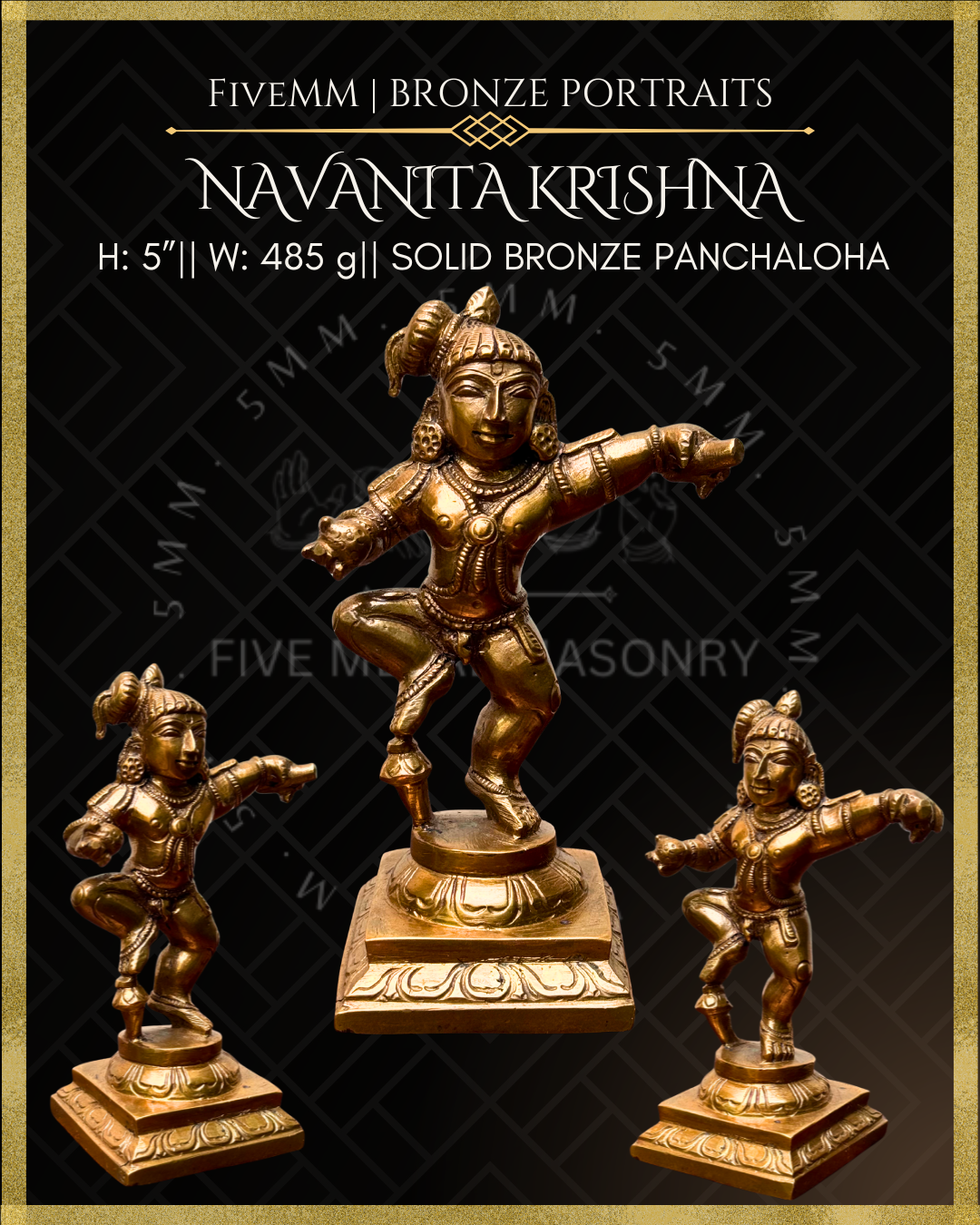 Product dimensions and multiple angle views of handcrafted Panchaloha Navanita Krishna bronze icon, depicting Bala Krishna dancing with butter in his hands, finely detailed according to traditional Silpasastra principles by Five Metal Masonry.