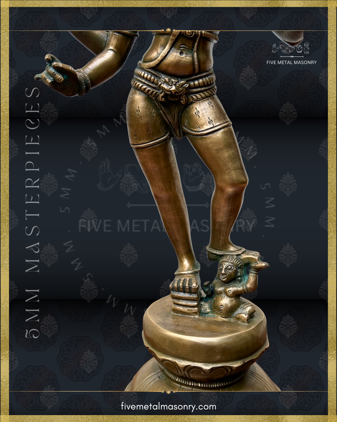 Close-up of Vinadhara Shiva handcrafted Panchaloha bronze sculpture highlighting graceful leg modeling, intricately patterned garment, ornate anklets, lotus pedestal, and Apasmara beneath the raised foot, from the Masterpieces collection inspired by South Indian Chola iconographic traditions.