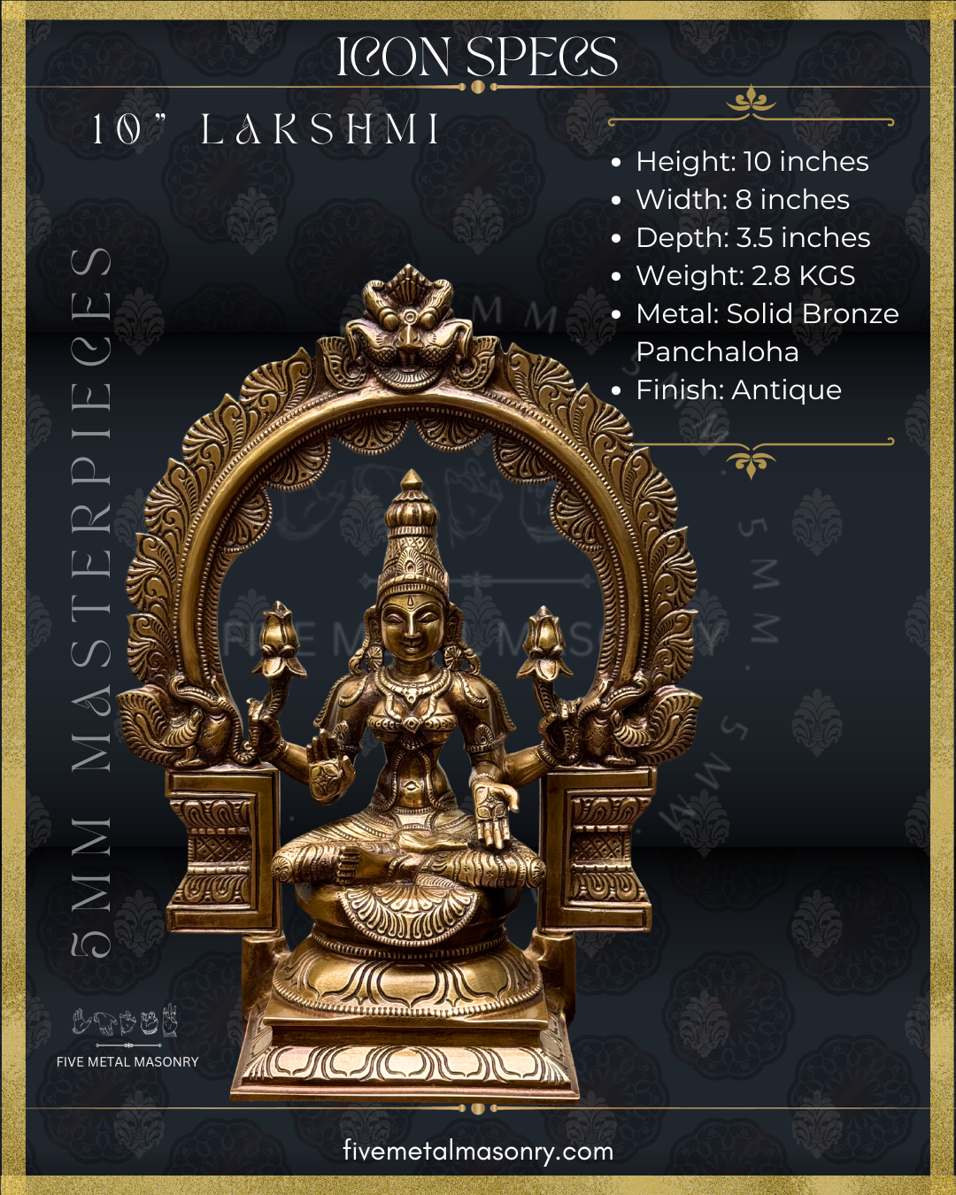 Panchaloha Bronze statue of Lakshmi with specifications on a dark background