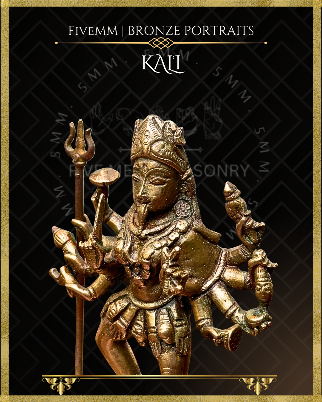 Close-up left side view of handcrafted Kali Panchaloha bronze statue showing the fierce face with extended tongue, crown, mundamala, ten-armed iconography and traditional ayudhas including trisula, crafted with silpa-sastra aligned traditional iconographic detailing.