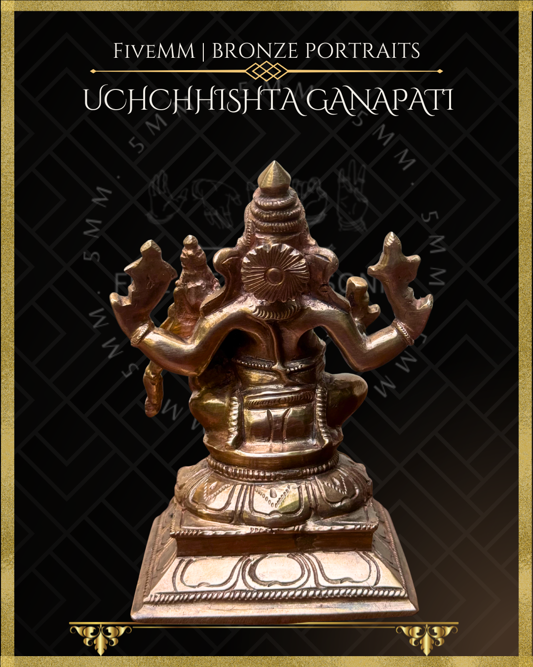 Rear view of Handcrafted Panchaloha bronze Uchchhishta Ganapati, silpa-sastra aligned and rooted in the South Indian iconographic tradition, depicted seated with Devi on his lap, multiple arms bearing attributes.