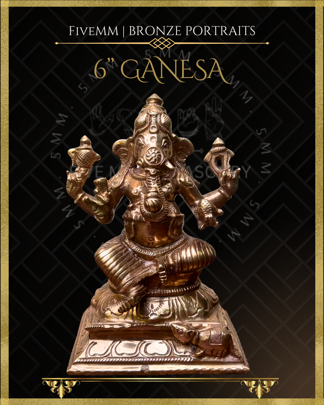 Handcrafted Panchaloha bronze Ganesha, silpa-sastra aligned and rooted in the South Indian iconographic tradition, four-armed and seated in lalitasana, holding ankusa, pasa, danta and modaka, with musika at the pedestal.