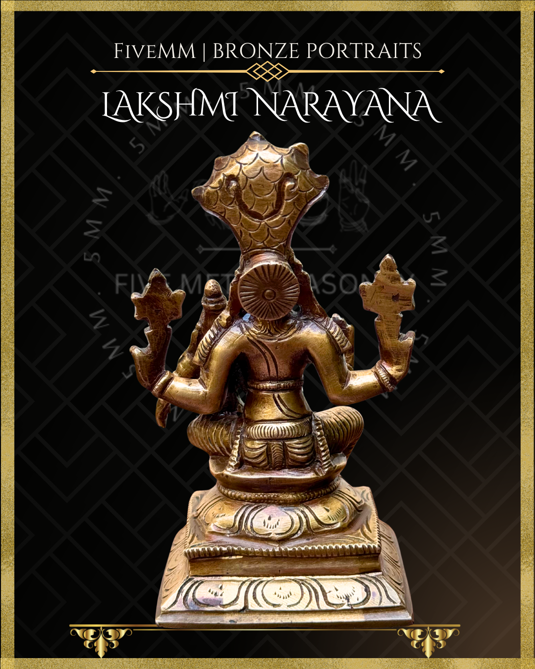 Rear view of handcrafted Panchaloha bronze Lakshmi Narayana, showing Vishnu’s four-armed form with shankha and chakra, seated with Lakshmi, detailed ornaments, siras-chakra and traditional iconography crafted in the silpa-sastra tradition.