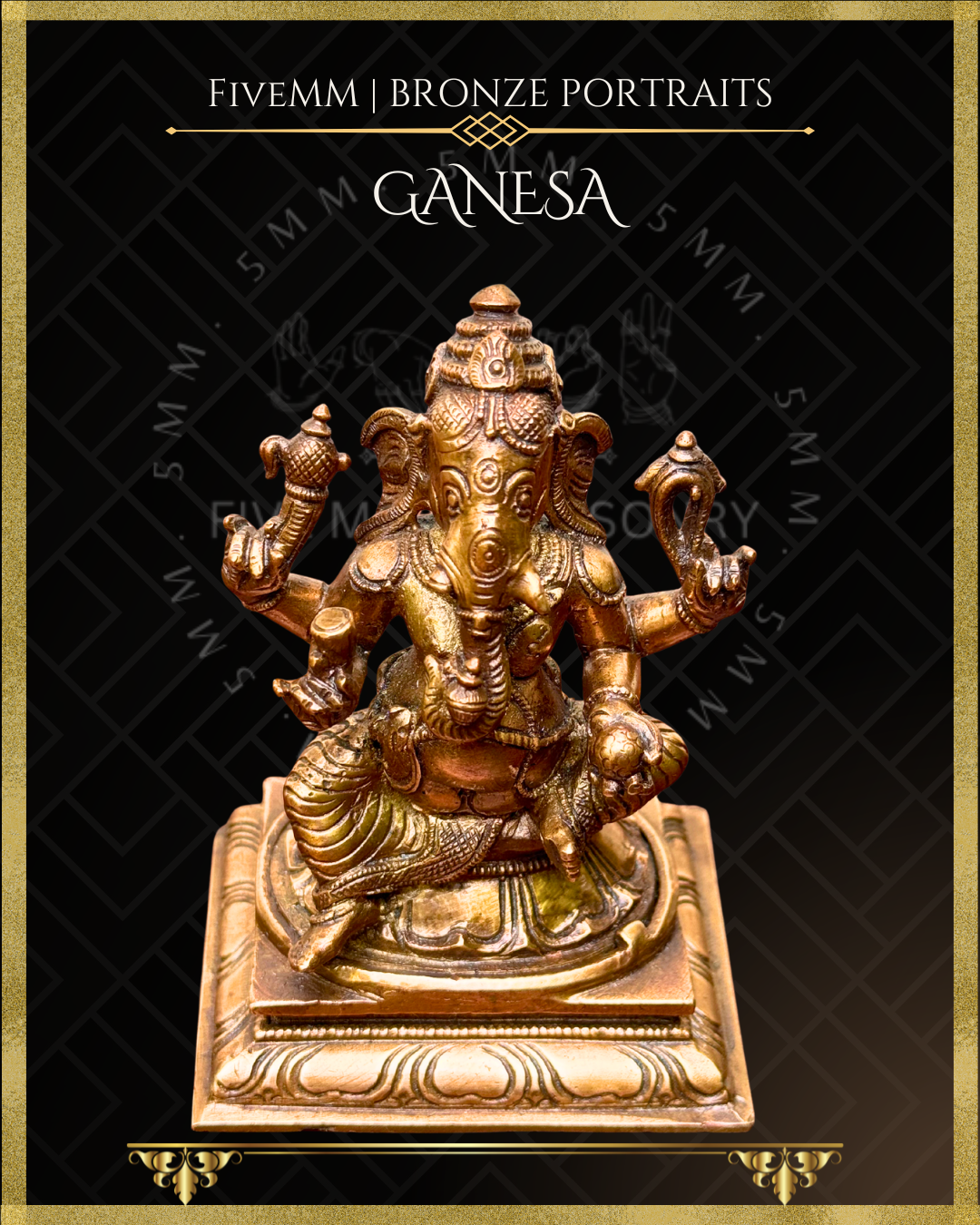 Top angle view of Handcrafted Ganesha in Panchaloha bronze, silpa-sastra aligned and rooted in the South Indian iconographic tradition, four-armed and seated in lalitasana, holding ankusa, pasa, danta and modaka with detailed crown, ornaments and draped lower garment.