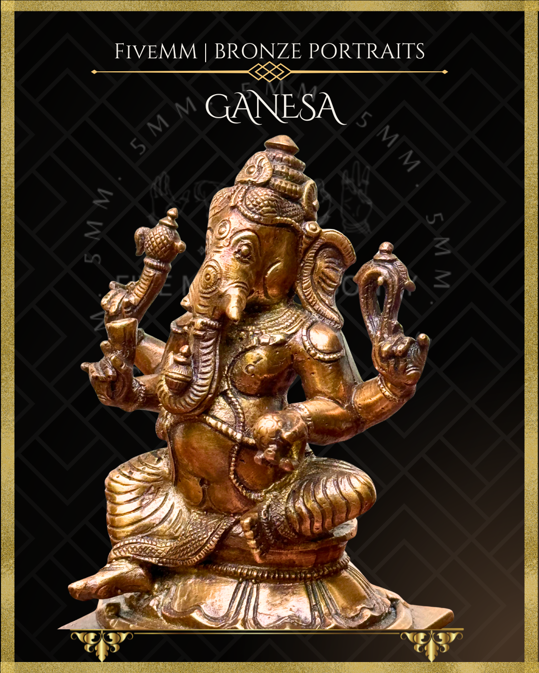 Left side close up view of Handcrafted Ganesha in Panchaloha bronze, silpa-sastra aligned and rooted in the South Indian iconographic tradition, four-armed and seated in lalitasana, holding ankusa, pasa, danta and modaka with detailed crown, ornaments and draped lower garment.