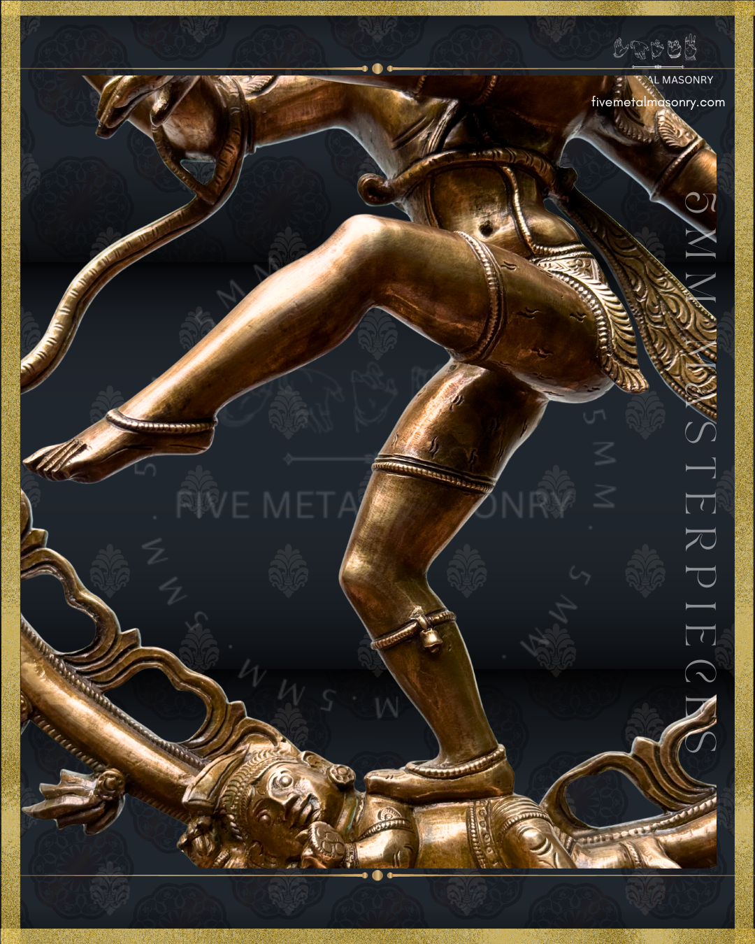 Detail view of a Panchaloha bronze Nataraja icon from the 5MM Masterpieces collection, highlighting the dynamic dancing posture, sculpted legs, flowing garment, Apasmara beneath the feet, and refined South Indian iconographic detailing.