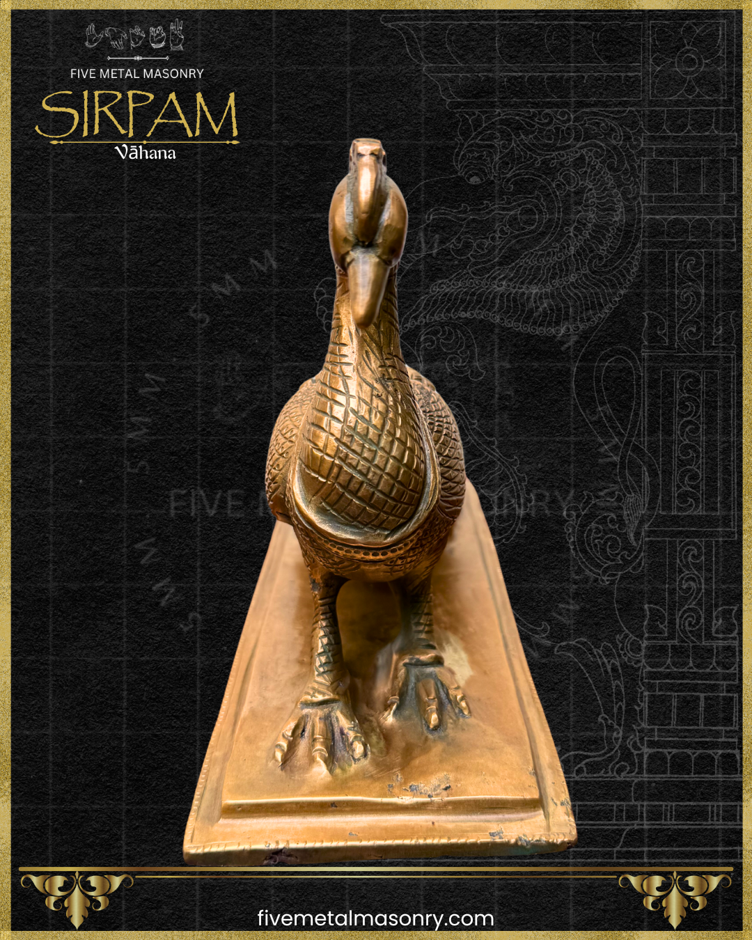 Front view of a handcrafted Mayura Peacock panchaloha bronze icon from the Sirpam Collection, highlighting the gracefully curved neck, detailed feather carvings, and traditional rectangular pedestal.