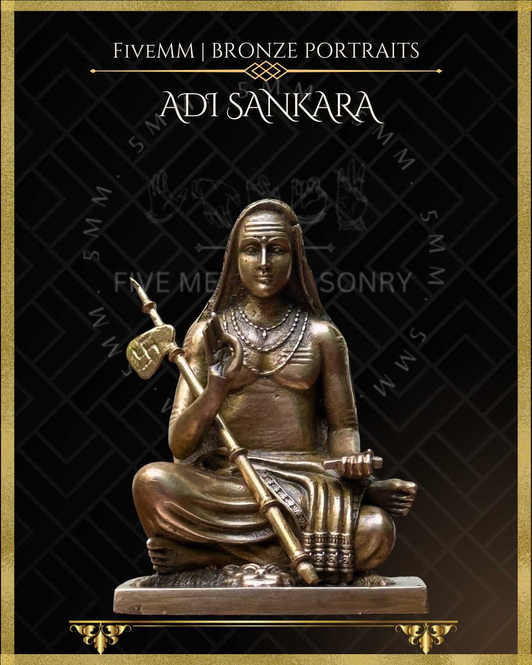 Projected view of Handcrafted Panchaloha bronze icon of Adi Shankara seated on a tiger skin, holding a Danda and palm leaf manuscript, with Jnana Mudra . 