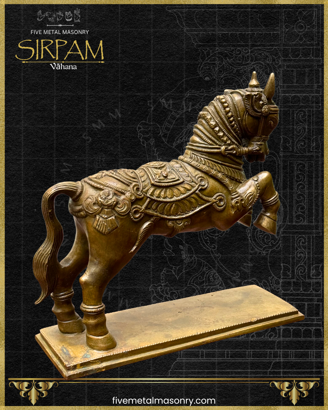Decorative bronze statue of a mythical horse on a dark background with 'Five Metal Masonry' branding.