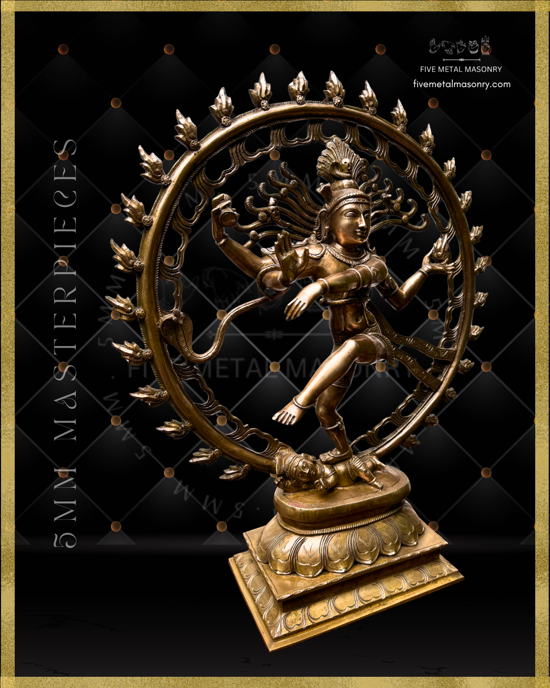 Right profile view of Nataraja Panchaloha bronze icon from the 5MM Masterpieces collection, shown in ananda-tandava in South Indian iconographic tradition
